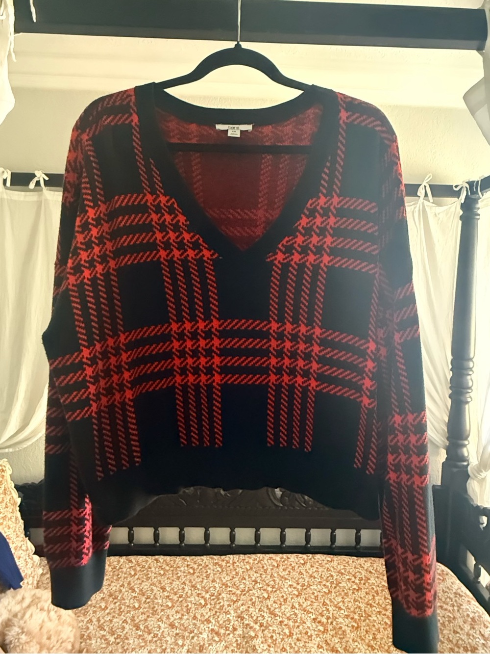 Bar III Black and Red Plaid V-Neck Sweater